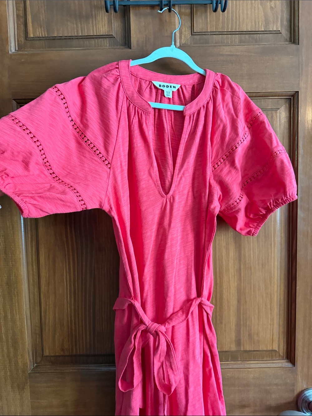 Boden Coral-Pink Short Sleeve Tie-Waist Dress